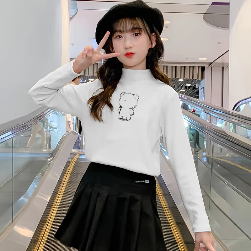 儿童德绒打底衫中大童秋冬加绒时尚半高领加厚百搭洋气白色长袖