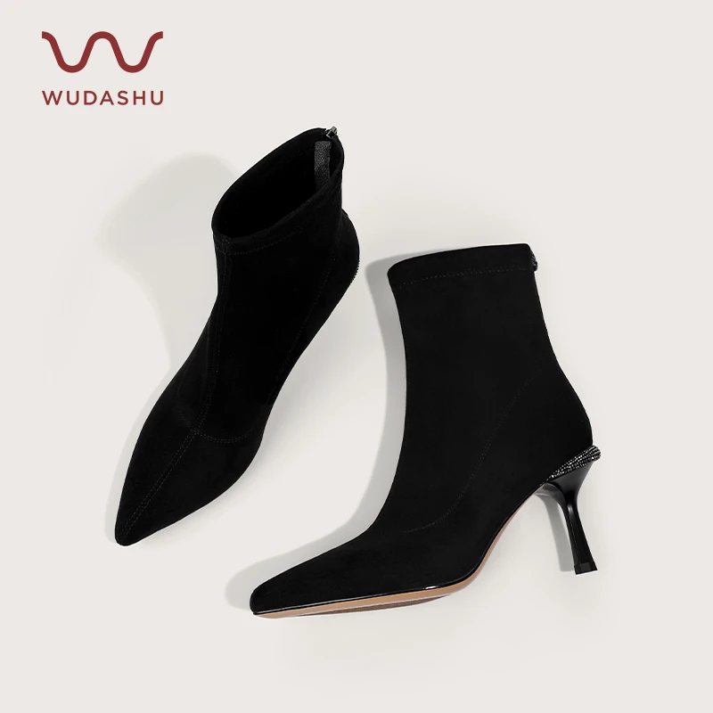 吴大叔冬季新款气质女靴通勤尖头绒面细跟短靴日常百搭黑色高跟靴