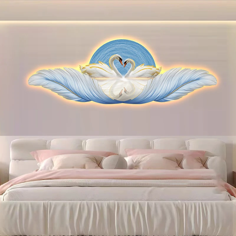 轻奢天鹅羽毛床头氛围灯光画主卧室客厅沙发房间发光画客厅装饰画