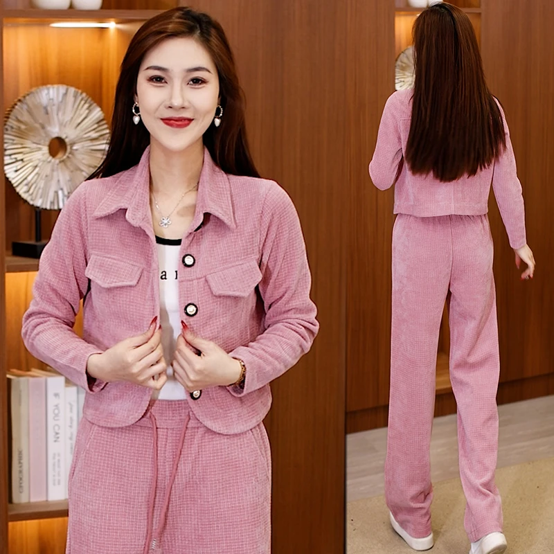 加绒加厚休闲套装女2024冬季新款时尚阔腿裤洋气衬衣领开衫两件套