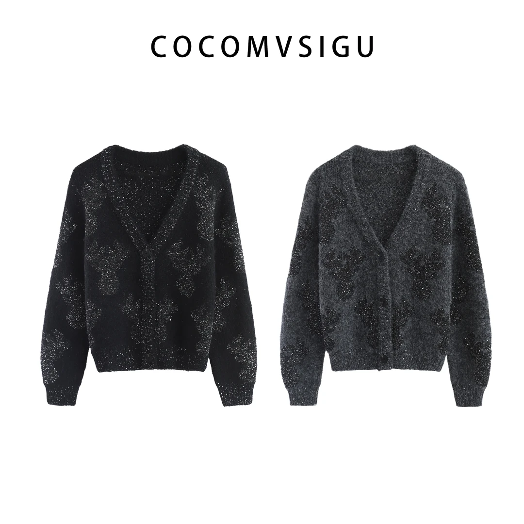 COCOMVSIGU福鹿开衫亮片针织新款V领宽松毛衣