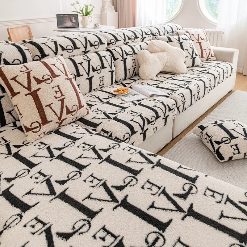 毛绒字母（毛绒）舒棉绒弹力沙发笠四季通用防猫防滑坐垫套简约