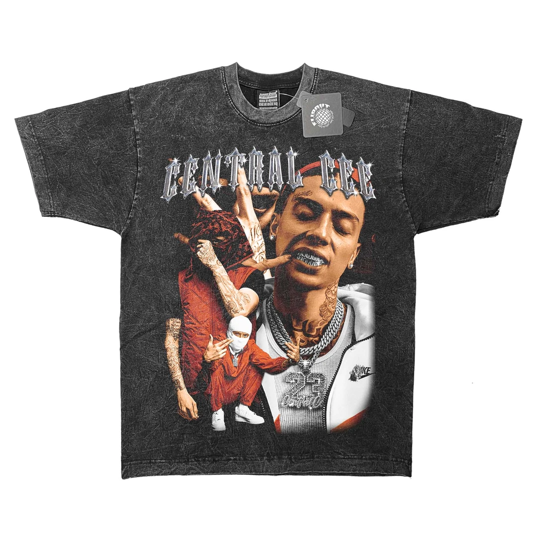 Central Cee Retro tee drill数码印花嘻哈短袖男宽松纯棉人像T恤