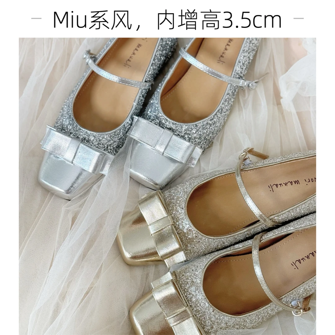 【玛丽珍4cm】新款Miu系甜美亮片方头蝴蝶结包头拖&单鞋
