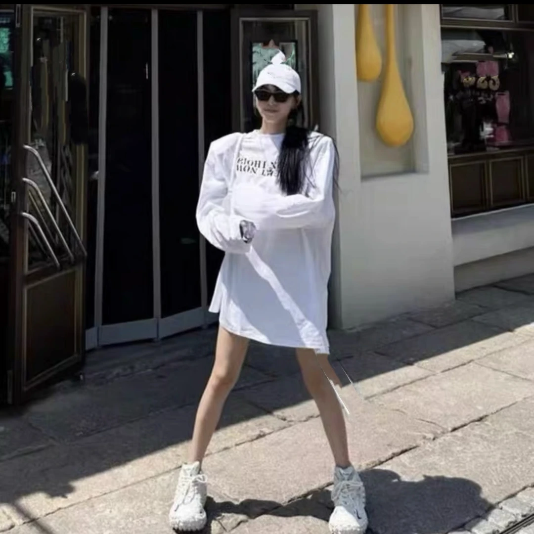 秋冬新款百搭『双排字母』宽松长袖遮屁股卫衣T