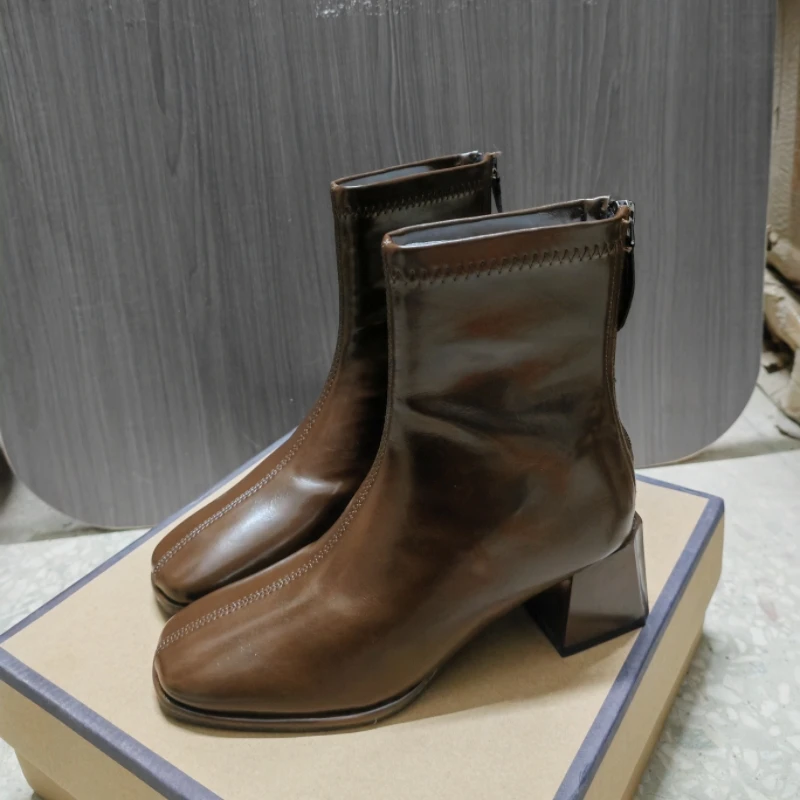 小码女鞋女靴粗跟短靴34瘦瘦靴