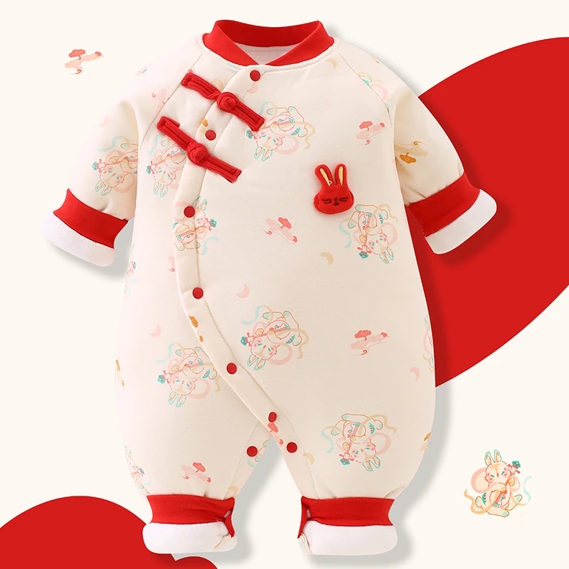 婴儿拜年服满月加厚保暖连体衣新生儿中国风喜庆衣服宝宝秋冬棉服