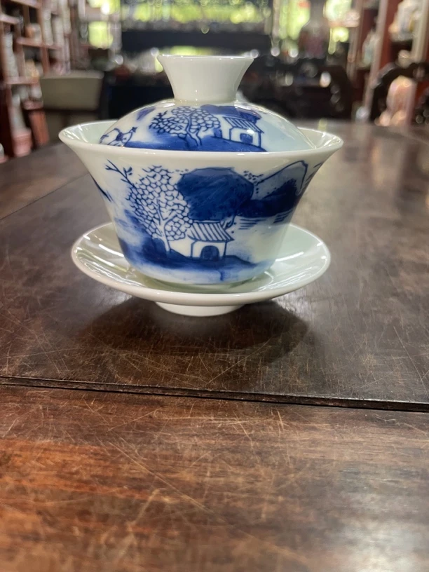 青花瓷柴烧汾水三才盖碗手工茶具100cc