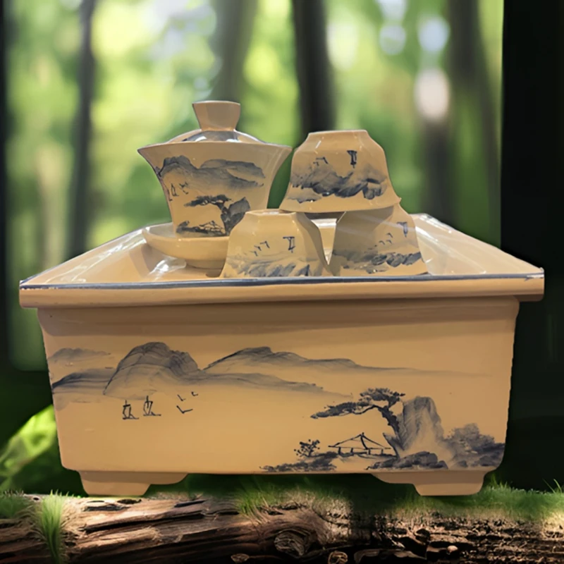 中式茶船纯手绘青花山水图功夫茶泡茶神器整套茶池茶杯三才盖碗