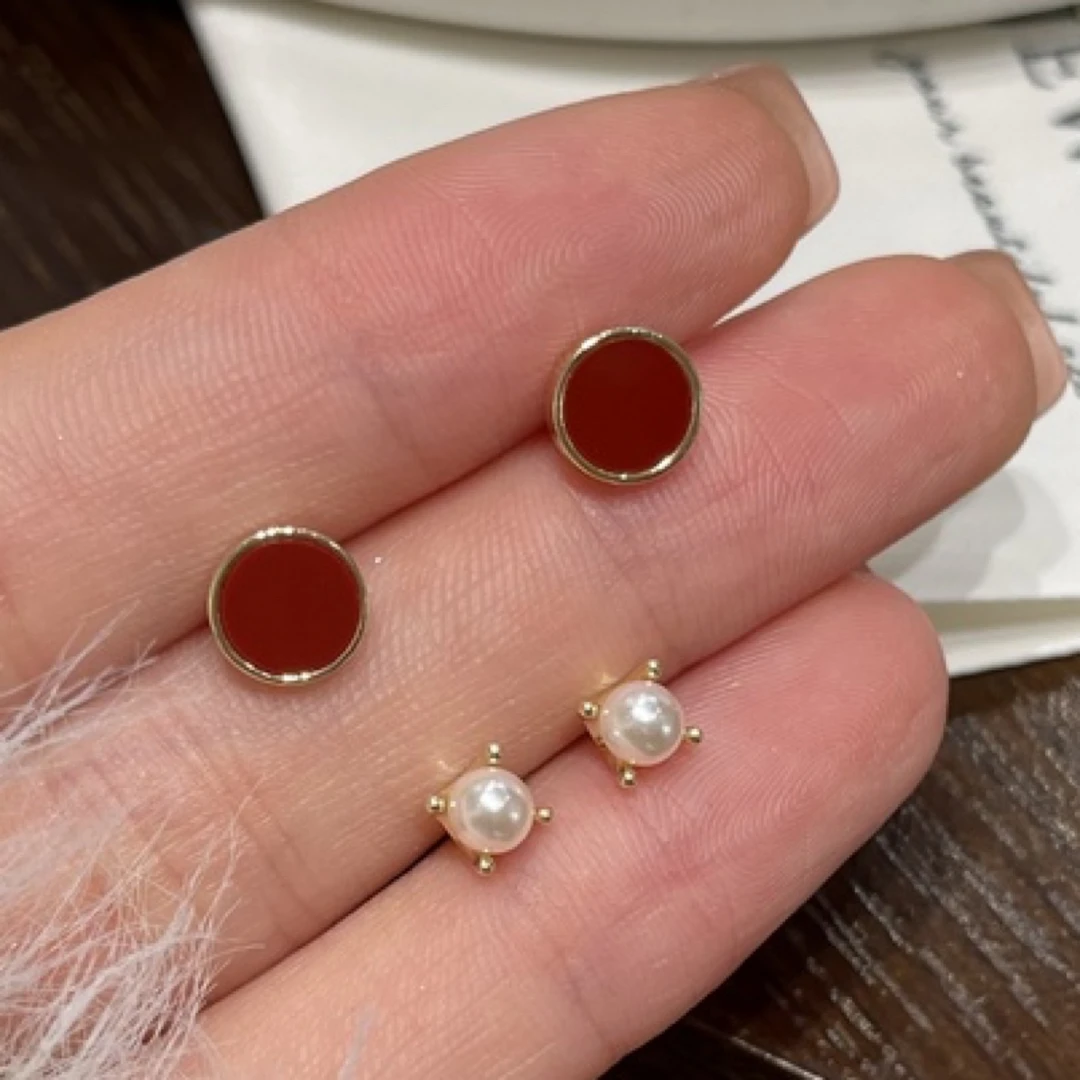 铜合金耳饰 925银针气质复古红色圆形珠珠耳钉百搭高级小众轻奢