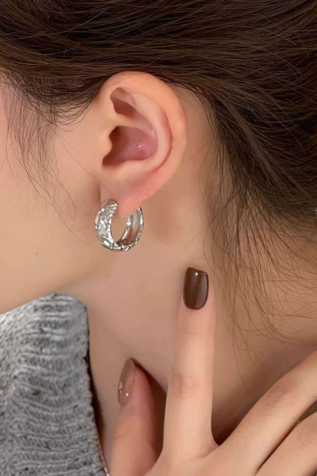 铜合金耳饰  925银针 X872银色纹理质感耳扣简约小众ins