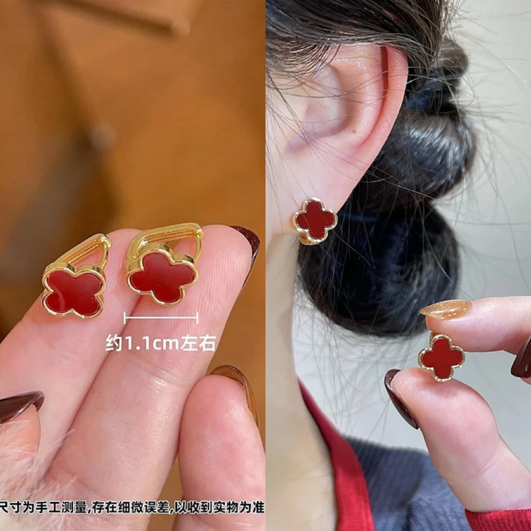 铜合金耳饰 红色轻奢耳扣精致小巧睡觉时尚免摘手工耳环气质耳饰
