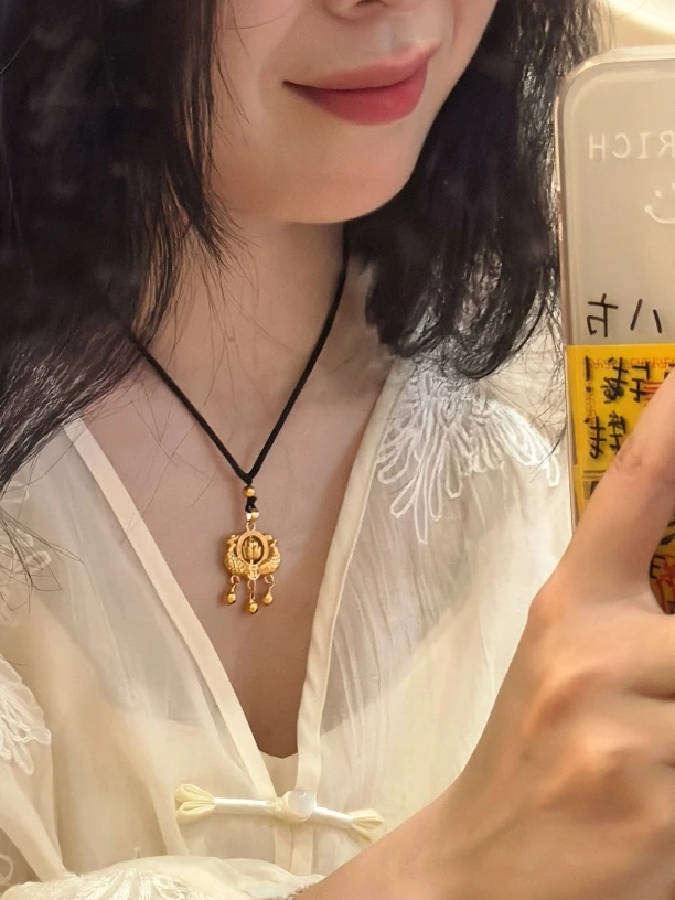 铜合金项链 新款莲花年年有鱼项链男女款可调节软绳抽拉项链复古