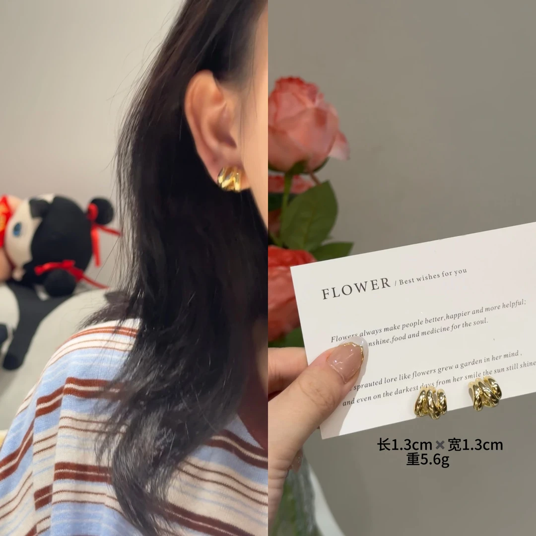 铜合金耳饰 金属不规则耳环无耳洞高级925银针耳饰通勤小巧