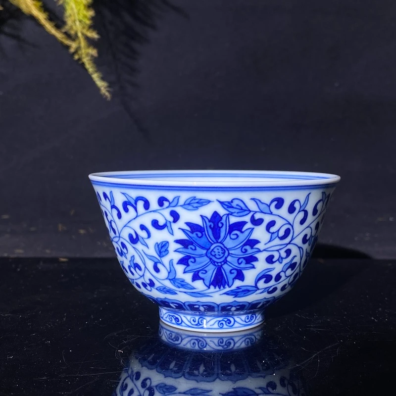 【天成赏瓷】全手工手绘柴窑青花汾水缠枝莲杯茶器茶盏高端瓷器yd.