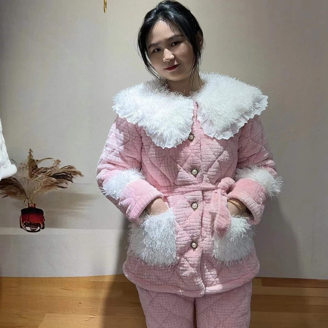 1046睡衣睡衣女套装时尚加绒加厚保暖三色家居服套装