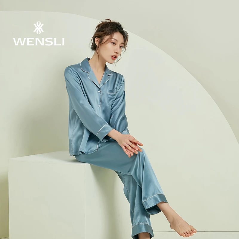 Wensli/万事利简约气质素绉缎重磅桑蚕丝居家真丝睡衣女套装-淳静