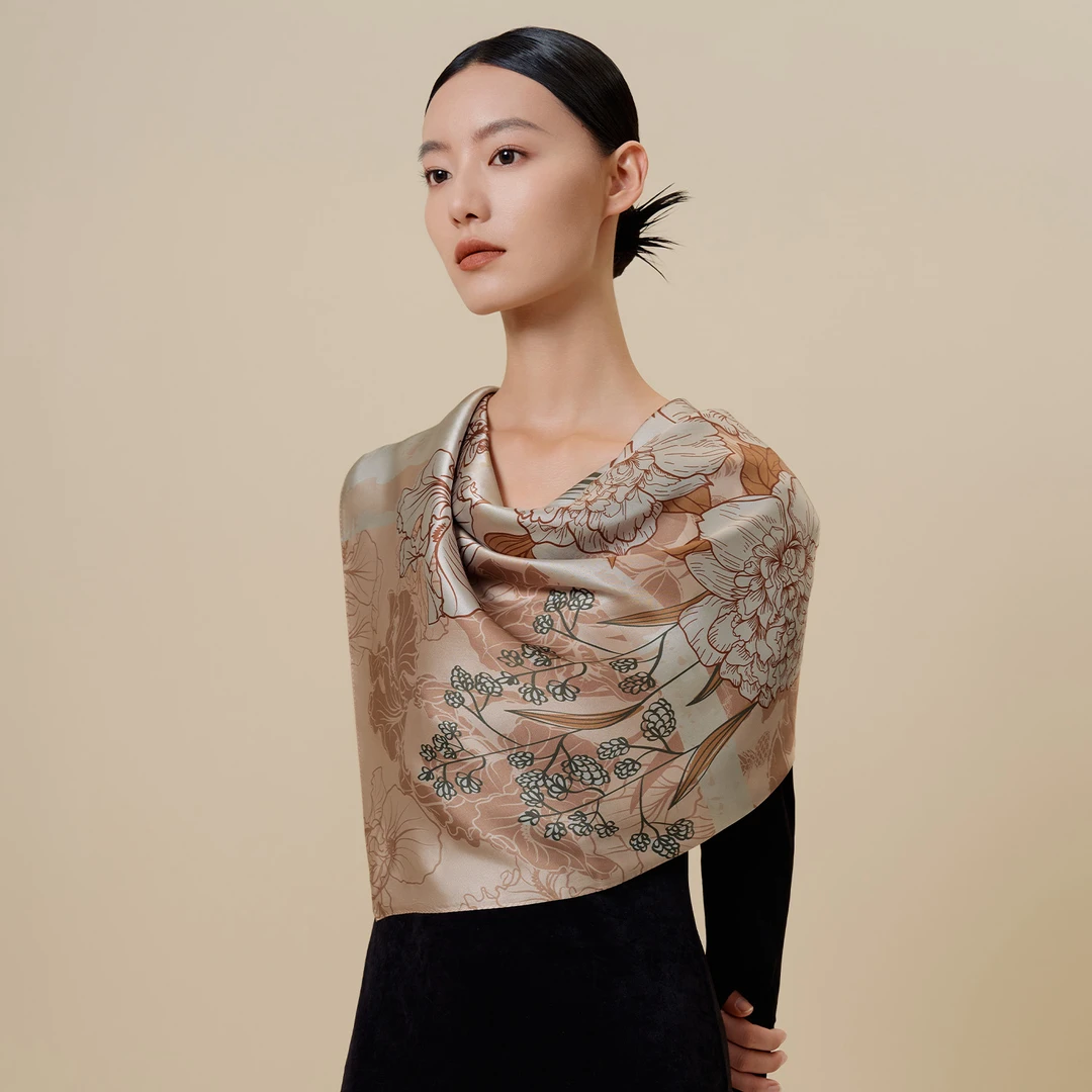 Wensli/万事利时尚高级优雅气质真丝桑蚕丝素绉缎大方巾-牡丹赋