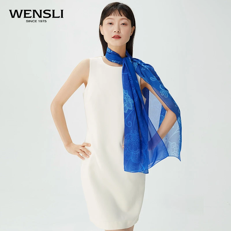 Wensli/万事利桑蚕丝女夏季礼物披肩外搭超长巾-青花落影