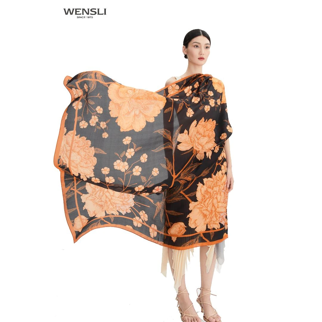 Wensli/万事利气质复古优雅桑蚕丝披肩印花雪纺超大方巾-宋韵国色