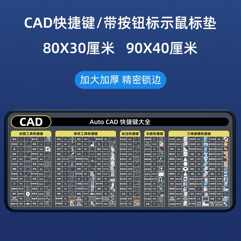 CAD快捷键鼠标垫加厚办公快捷键大全护腕小号ps做图cad桌面鼠标垫