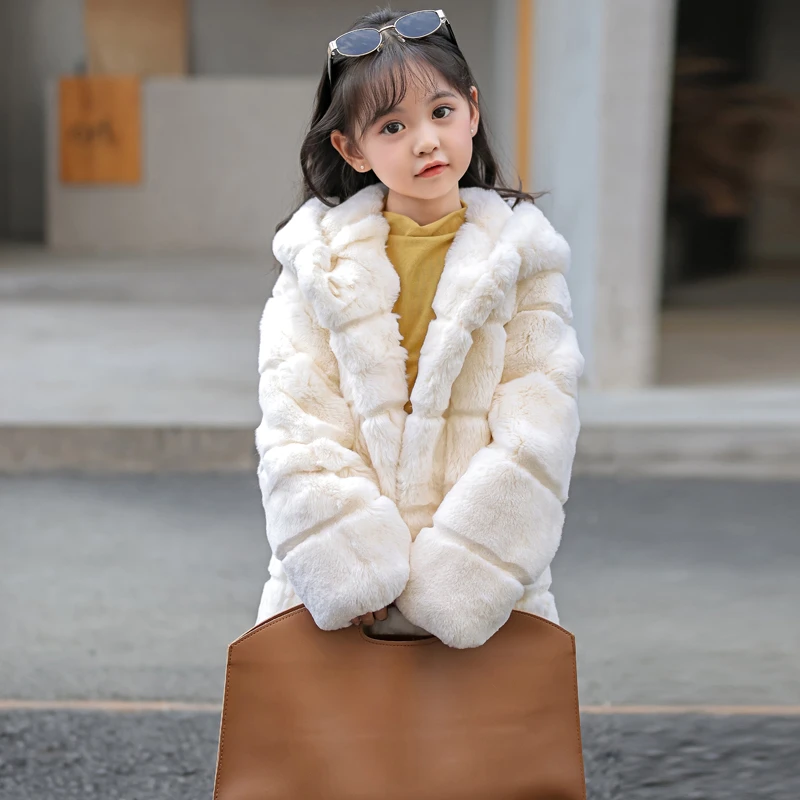 JKP女童儿童真獭兔毛毛外套秋冬保暖加厚中长款时尚宝宝冬装皮草