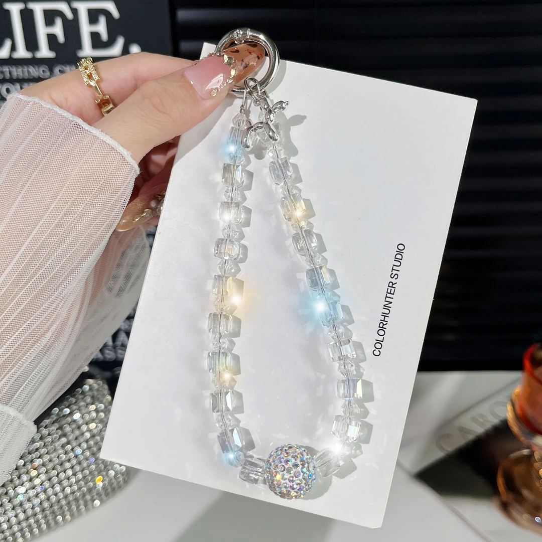 方块水晶手机挂绳奢华串珠手提挂链短款手腕手机链卡通吊坠挂件
