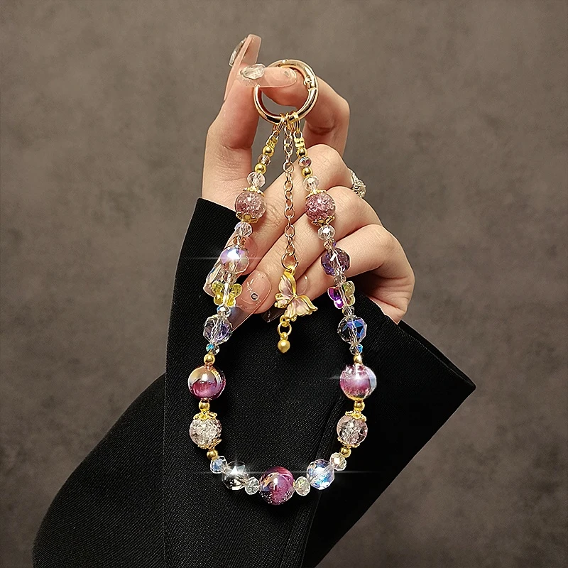 手机挂绳挂件手工串珠水晶手机链蝴蝶吊坠挂链挂饰短款手腕手提链