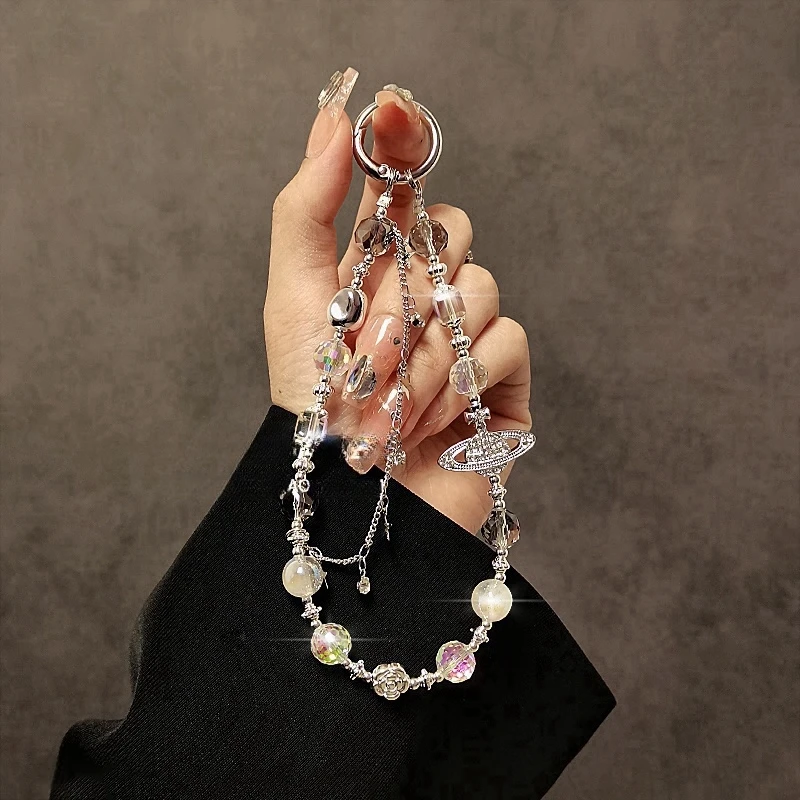 奢华高级感手机挂绳珍珠链条水晶串珠手机链挂件短款手腕手提挂链