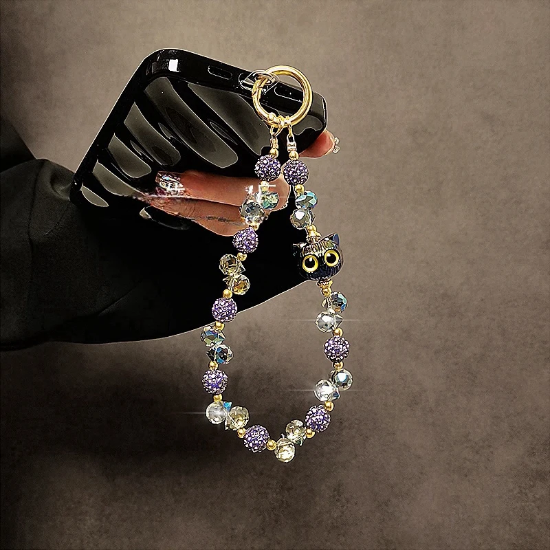 时尚高级感水晶串珠手机链奢华闪钻卡通猫手机挂绳手腕手提链挂件