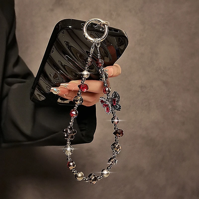 奢华水晶串珠手机链时尚链条蝴蝶手腕挂链短款手机挂绳手提链挂件