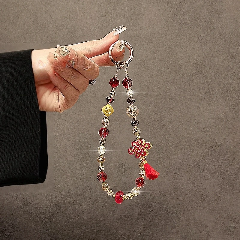 复古中国结手机挂绳时尚串珠水晶手机链挂件流苏挂饰手腕手提挂链