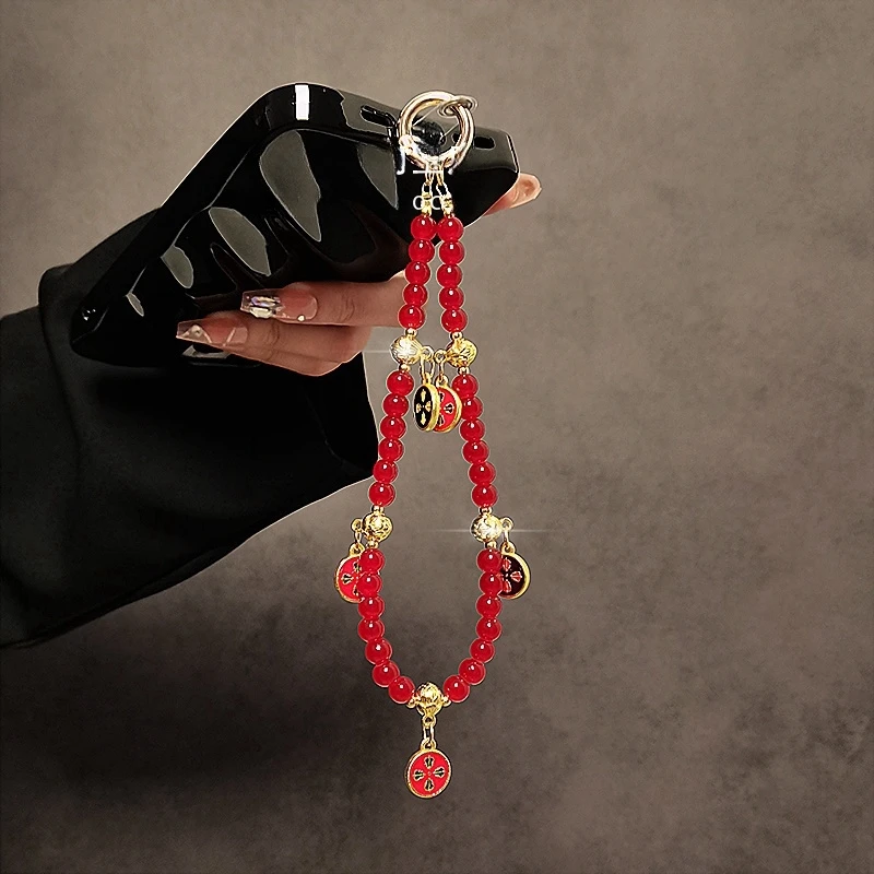 新年款财神红色手机挂绳串珠手机链挂件短款手腕手提链防丢绳挂饰