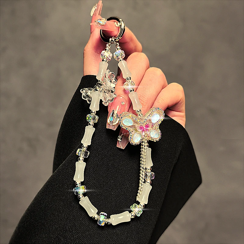 高级感手机挂绳奢华水晶蝴蝶手机挂链个性竹节吊坠挂件短款手提绳