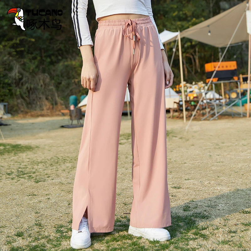 啄木鸟休闲冰丝速干女裤2024新款夏季薄款长裤显瘦阔腿百搭运动裤