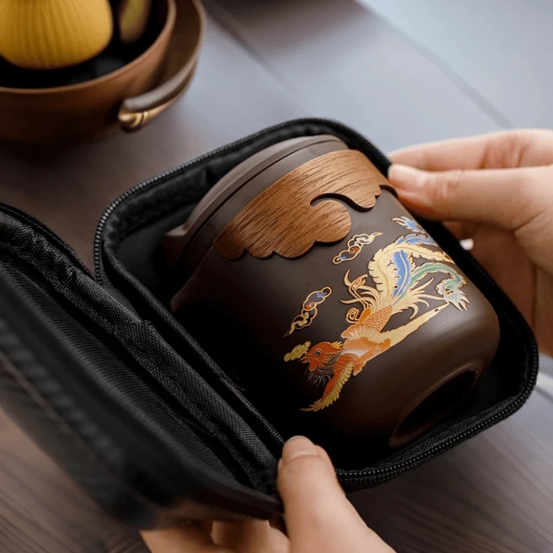 允铮高颜值紫砂旅行茶具套装便携式变色龙凤呈祥露营随身快客杯