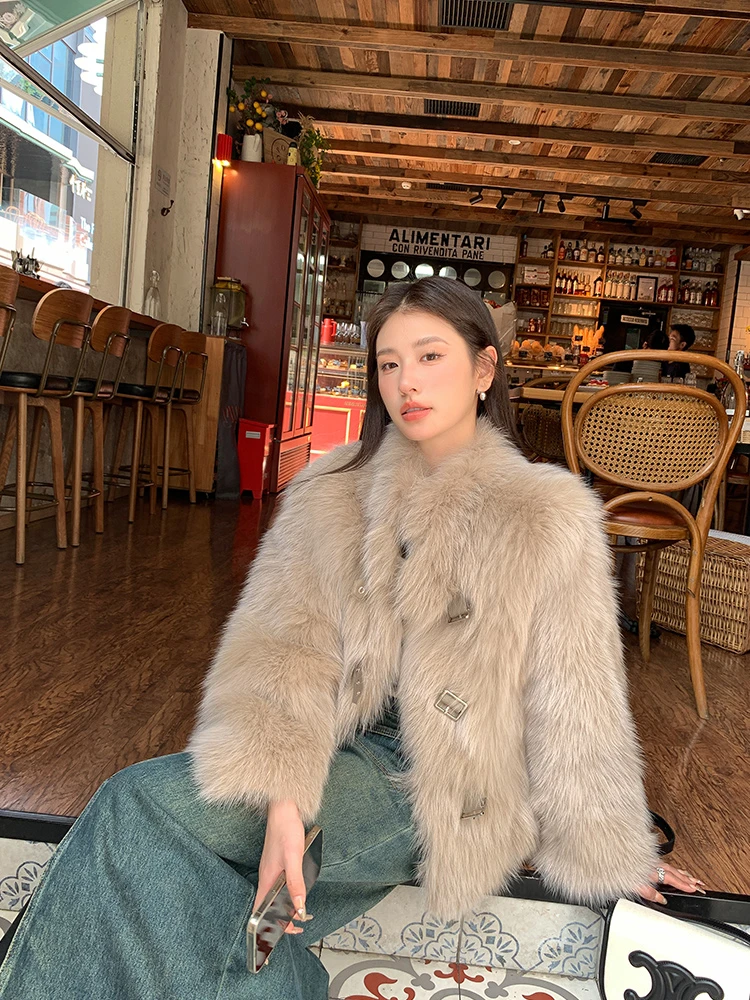 美拉德小立领皮扣设计毛毛外套秋冬款气质小个子毛毛外套女28699#