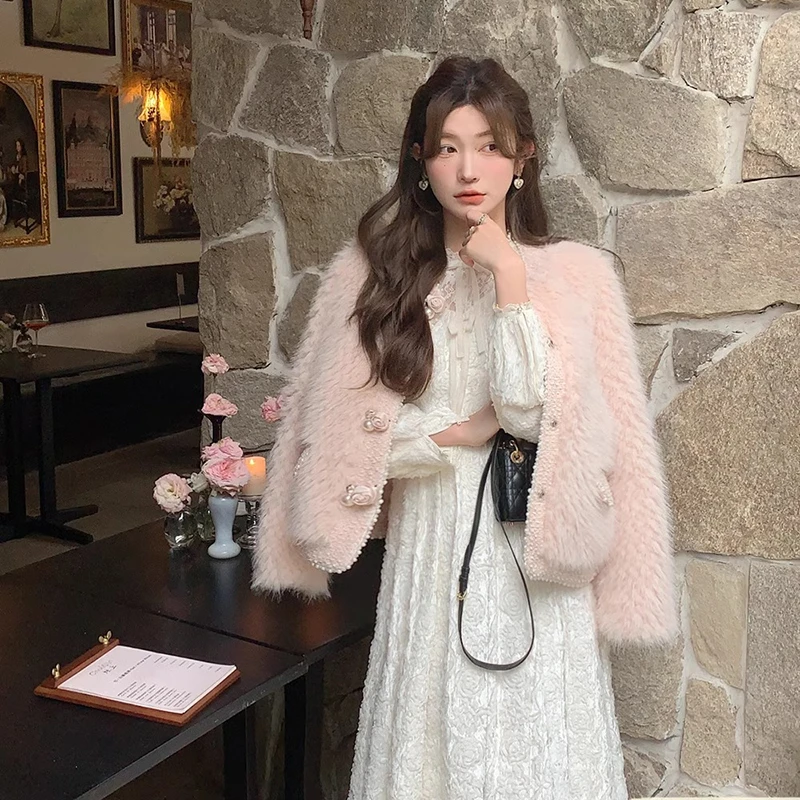 粉色小香风外套2024冬季拼接毛毛加厚保暖毛茸茸网红上衣33267#