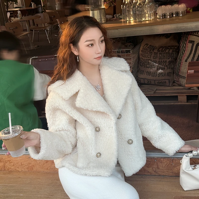 爆款冬季新款韩版绵羊毛2025双排西装领保暖外套毛呢短款33287#