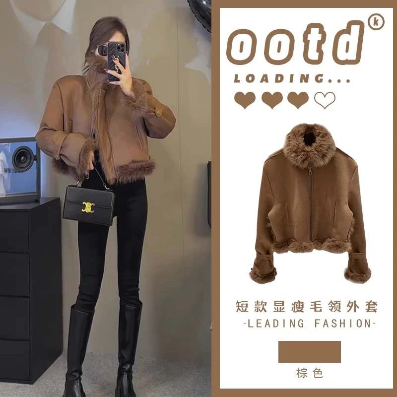 美拉德皮毛一体复古机车服毛绒外套女秋冬款加厚短夹克上衣27938#