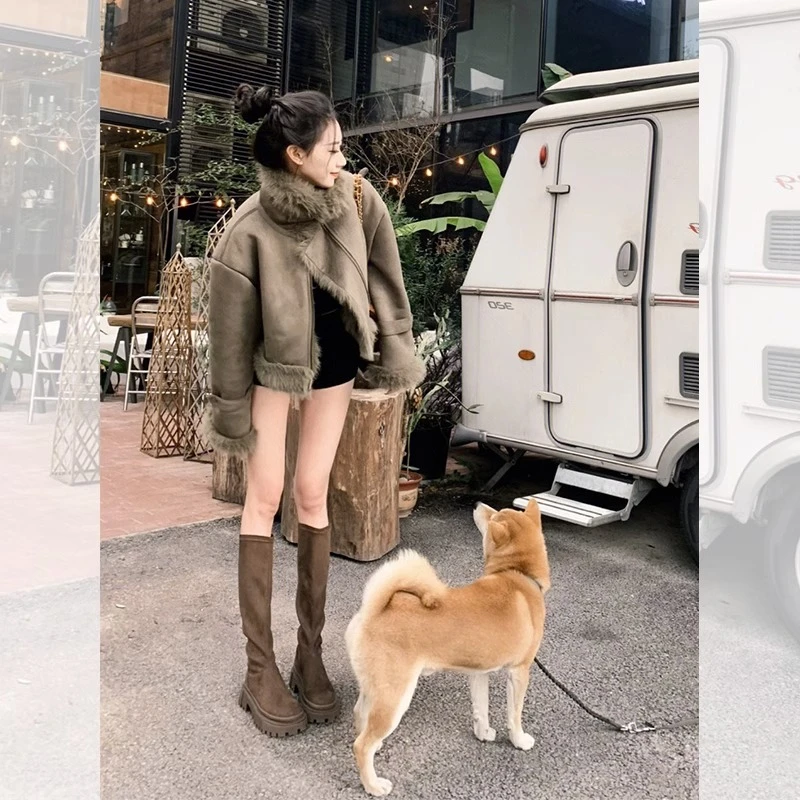 美拉德墨绿色皮毛一体机车服秋冬小个子短款加厚毛毛外套女27938#