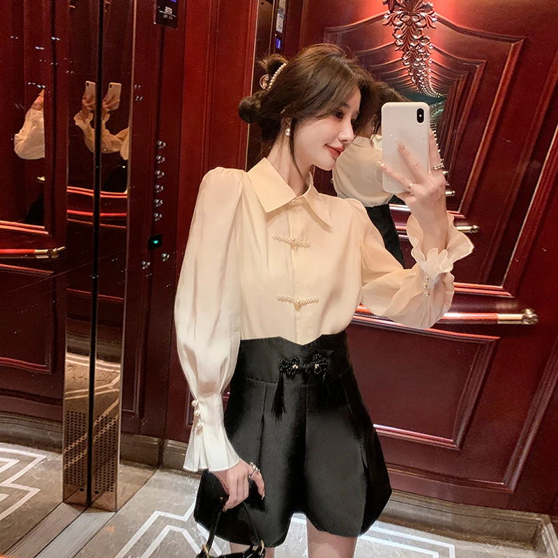中式盘扣衬衫女新款小众长袖款衬衣长袖气质通勤上衣显瘦28698#