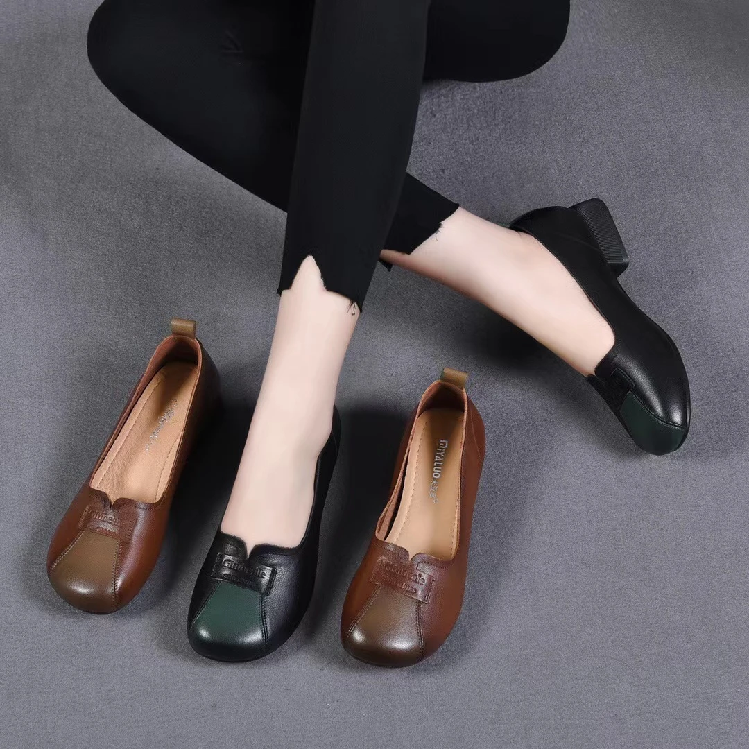 复古圆头一体跟软底软面妈妈鞋