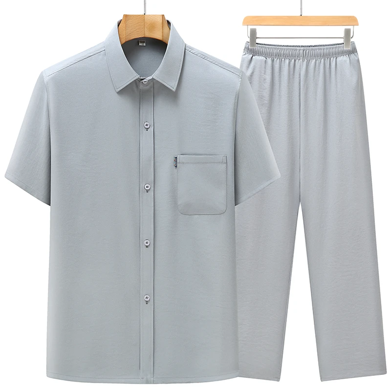 夏季男士中老年短袖衬衫薄款休闲宽松夏老年人爸爸爷爷套装