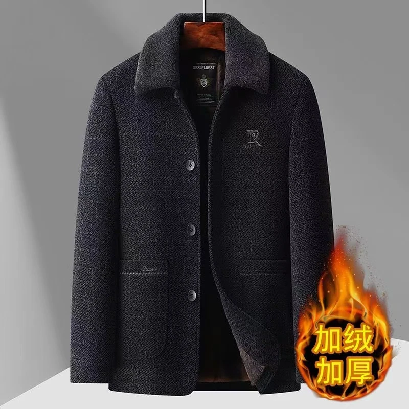 冬季男士高档休闲雪尼尔翻领外套中老年加绒加厚保暖爸爸爷爷装