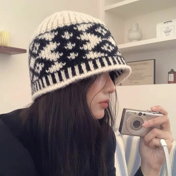 【小众设计】复古菱形格针织冷帽秋冬百搭显脸小大头围毛线帽保暖帽