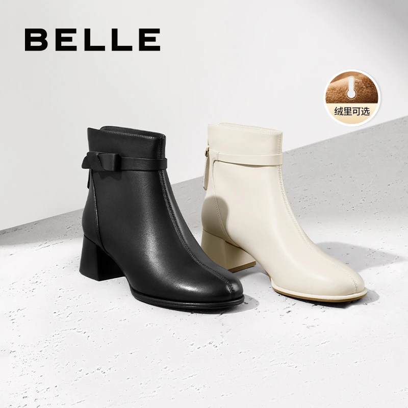 百丽羊皮女靴子气质时装靴女款冬季新款加绒高跟短靴A1X1DDD3