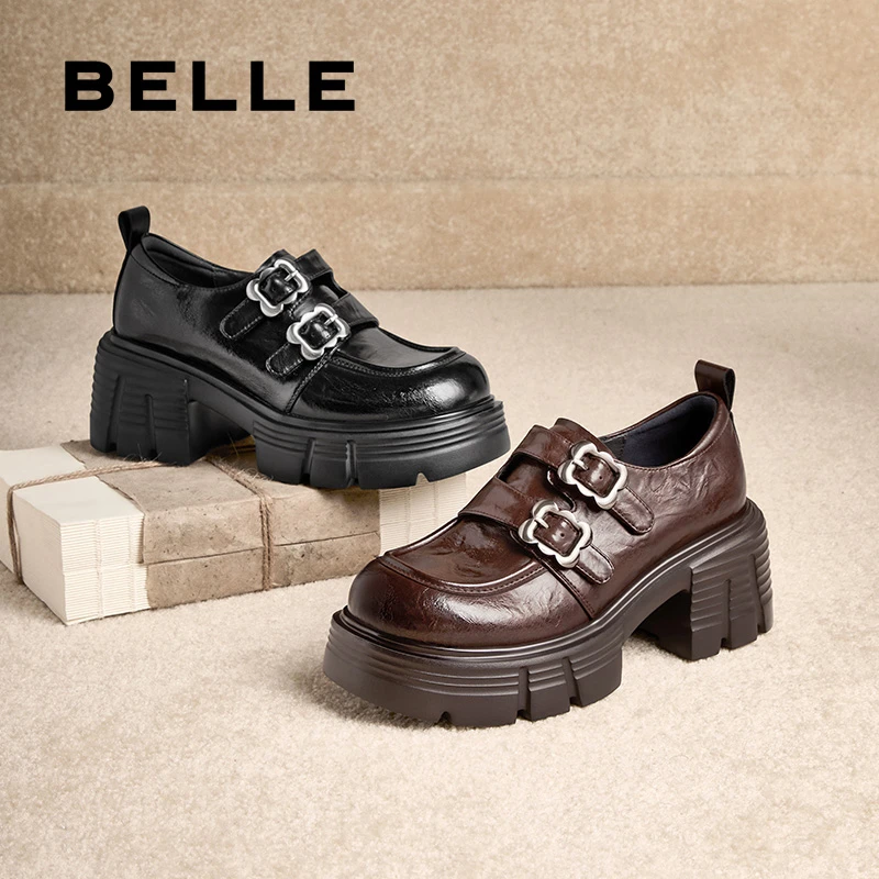 百丽JK乐福鞋女2025春季新款厚底粗跟黑色小皮鞋单鞋子B2426AM5