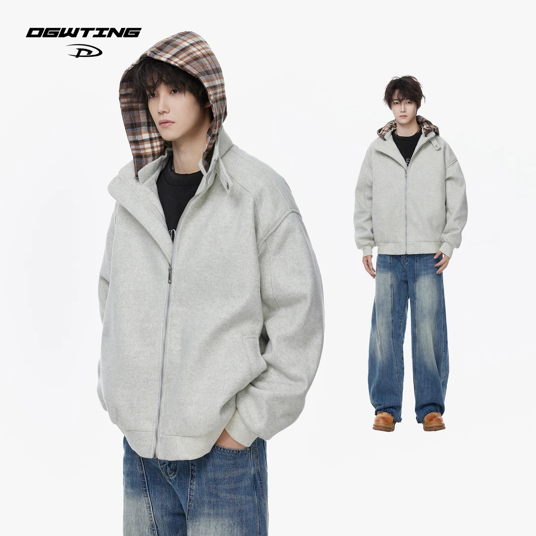 美式假两件格子连帽棉服男女秋冬季复古街头重磅加厚拉链开衫外套