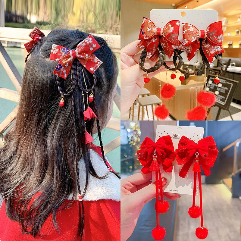 新年发饰儿童红色汉服头饰宝宝蝴蝶结假发辫女童2023新款发夹头饰